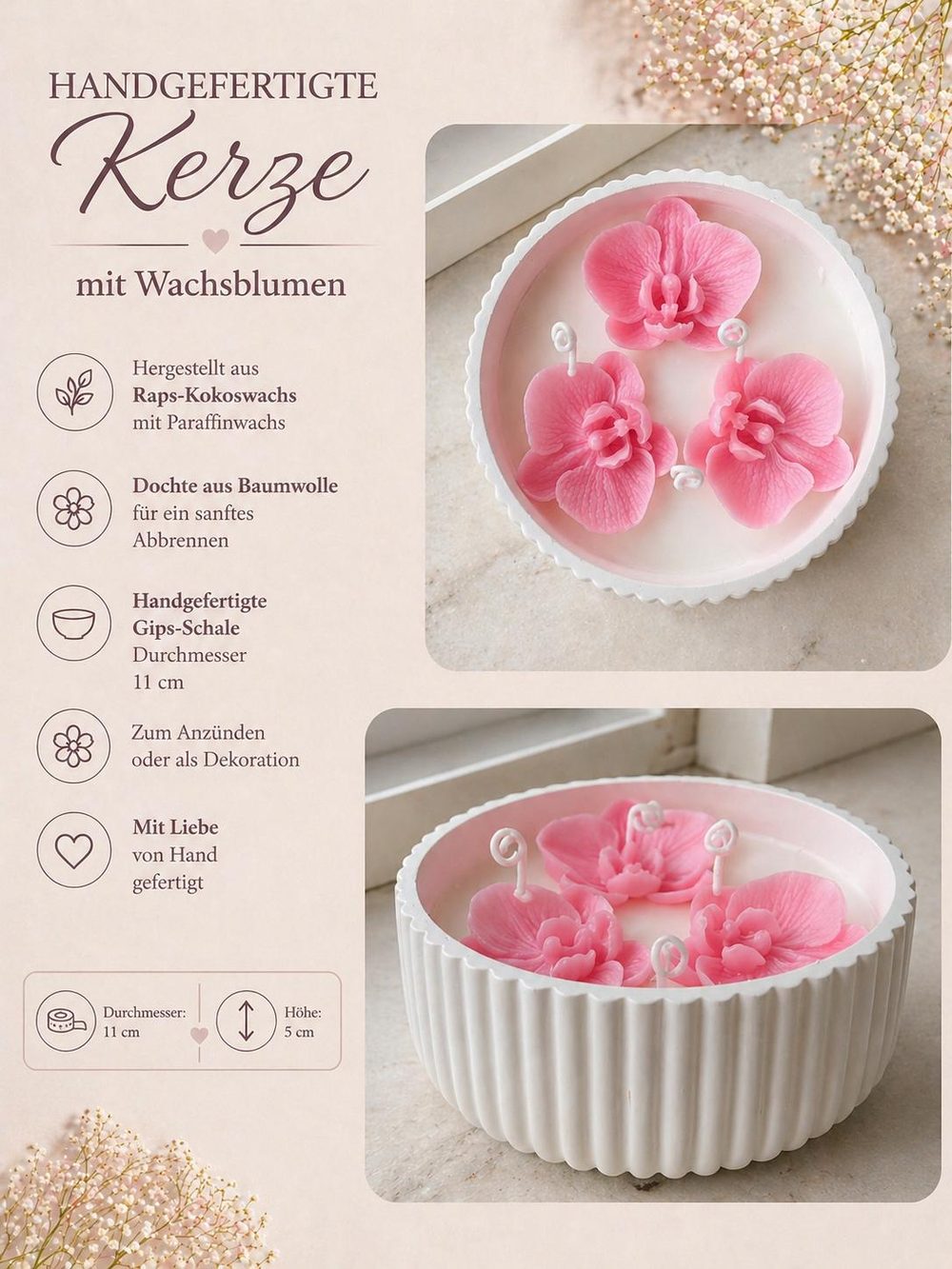 Gips-Schale mit Orchideen-Wachsblumen